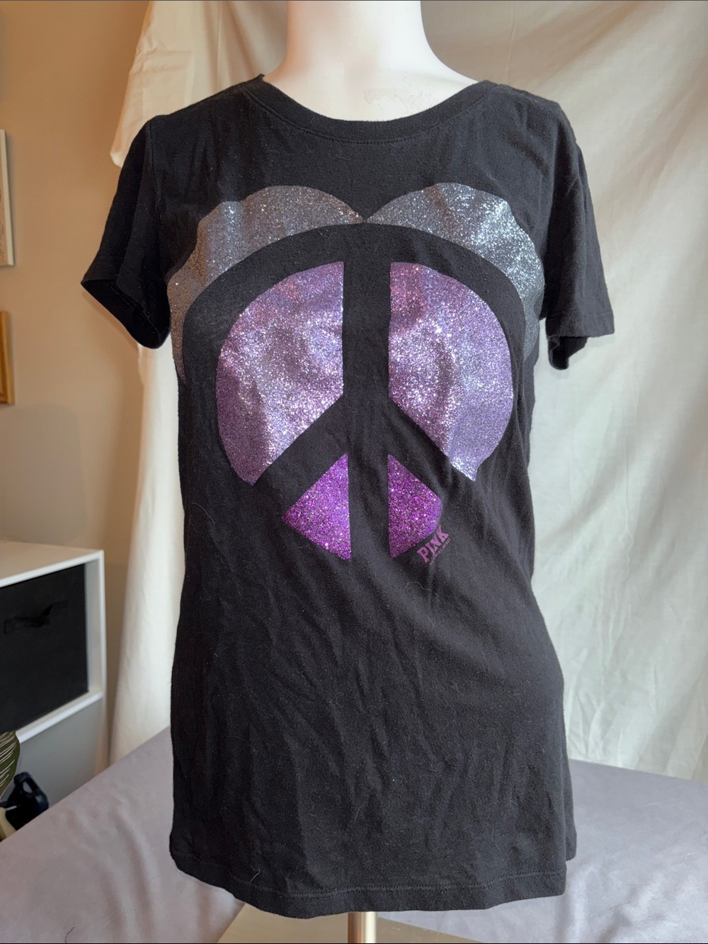 PINK Victoria's Secret Black Tee with Purple Glitter Peace Graphic
